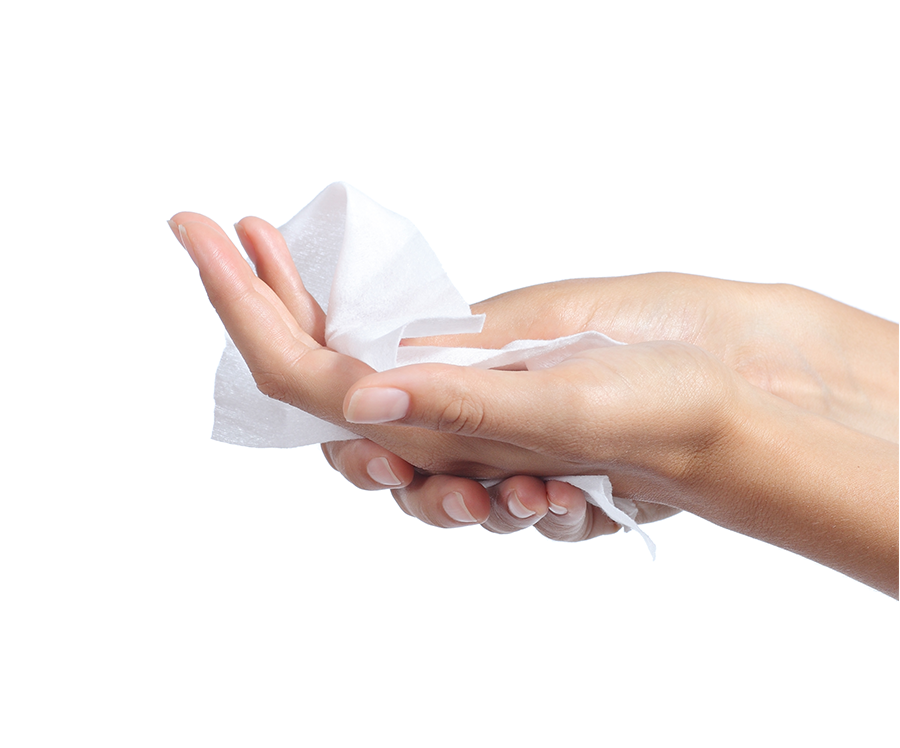 sanitizing hands with sanitizer wipes